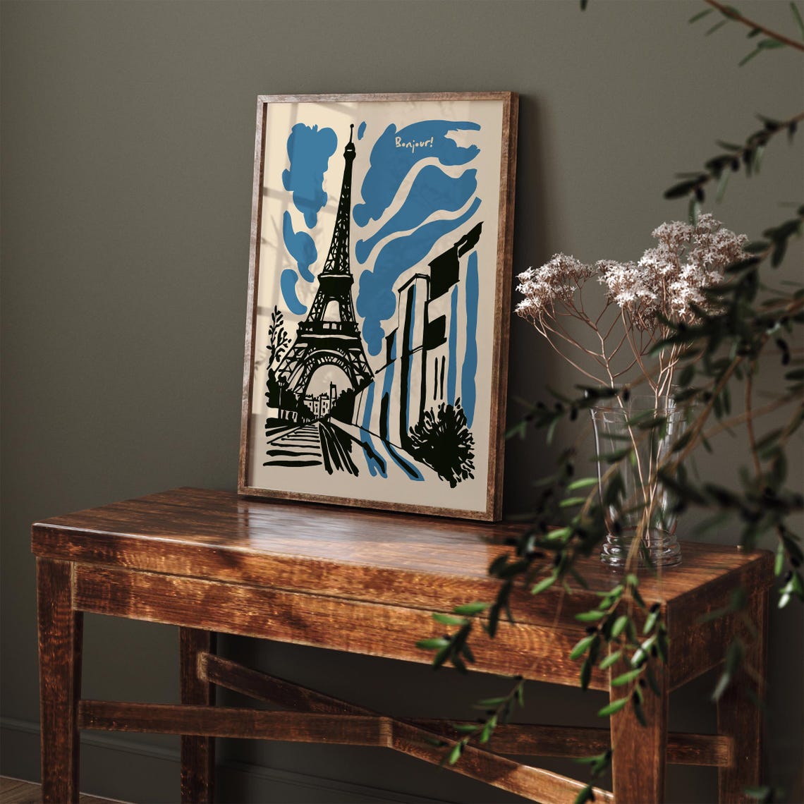 Bonjour Paris Eiffel Tower Blue Ink Modern Travel Art Poster - Image 3