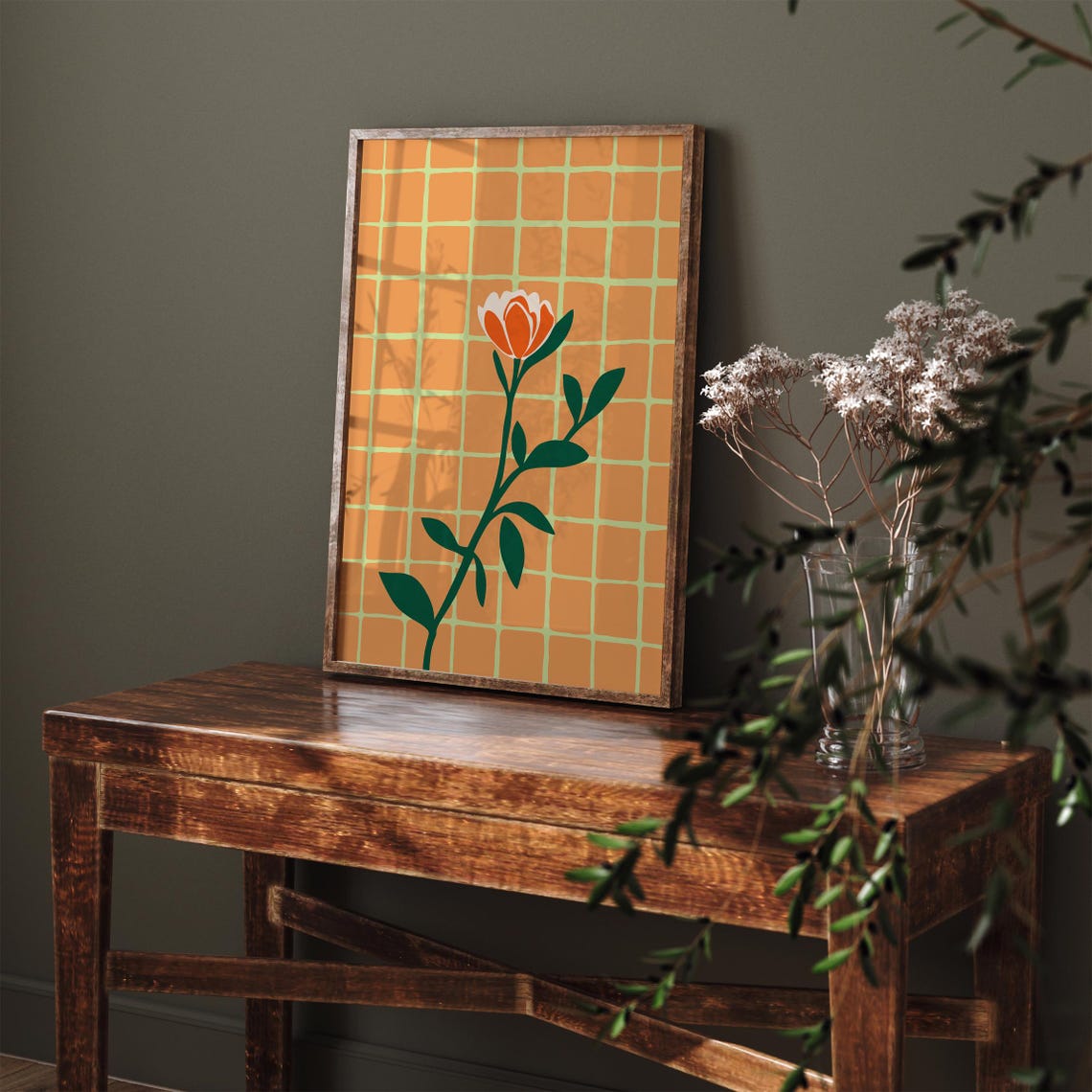 Retro Orange Flower Pop Art Poster on Warm Checkered Grid Background - Image 4
