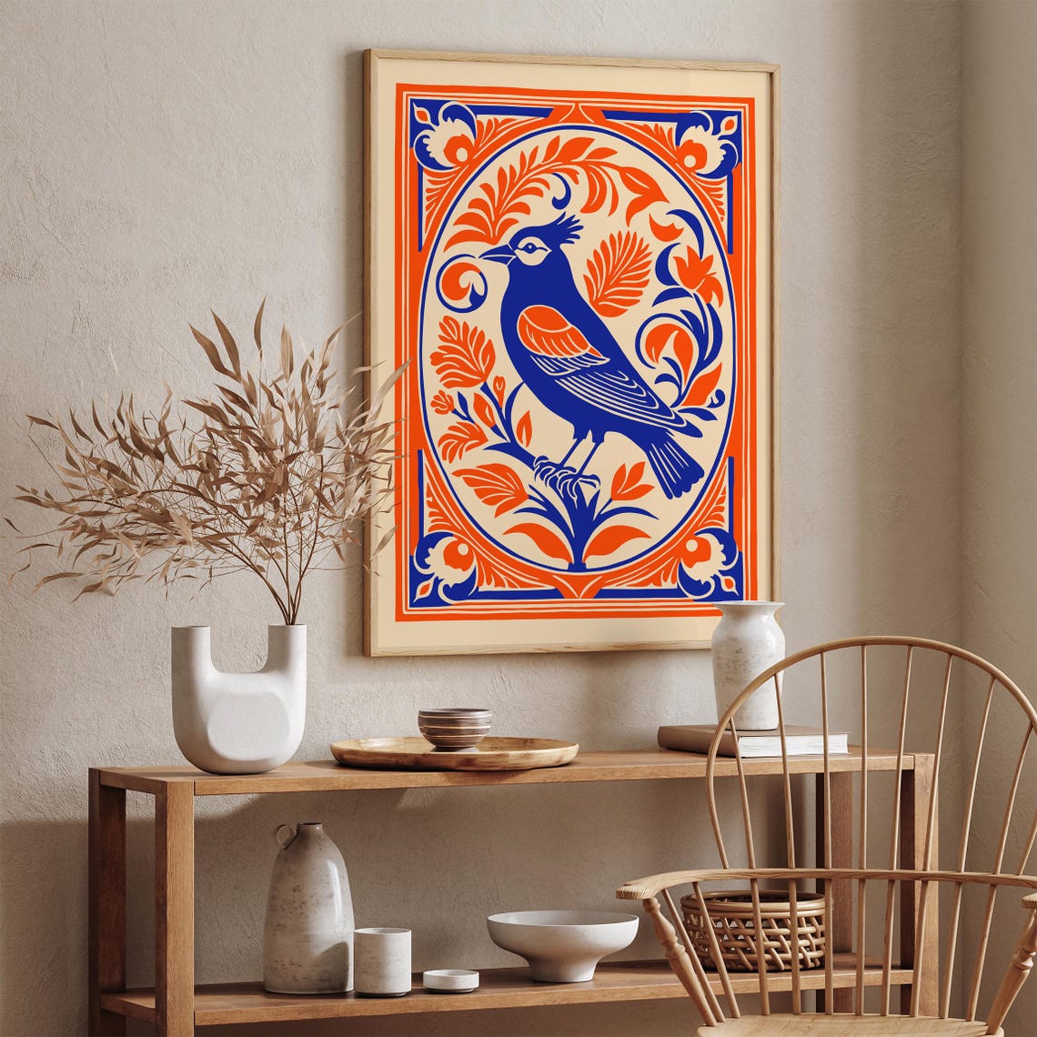 Blue Bird in Orange Rococo Oval Frame Folk Bird Vintage Poster - Image 4