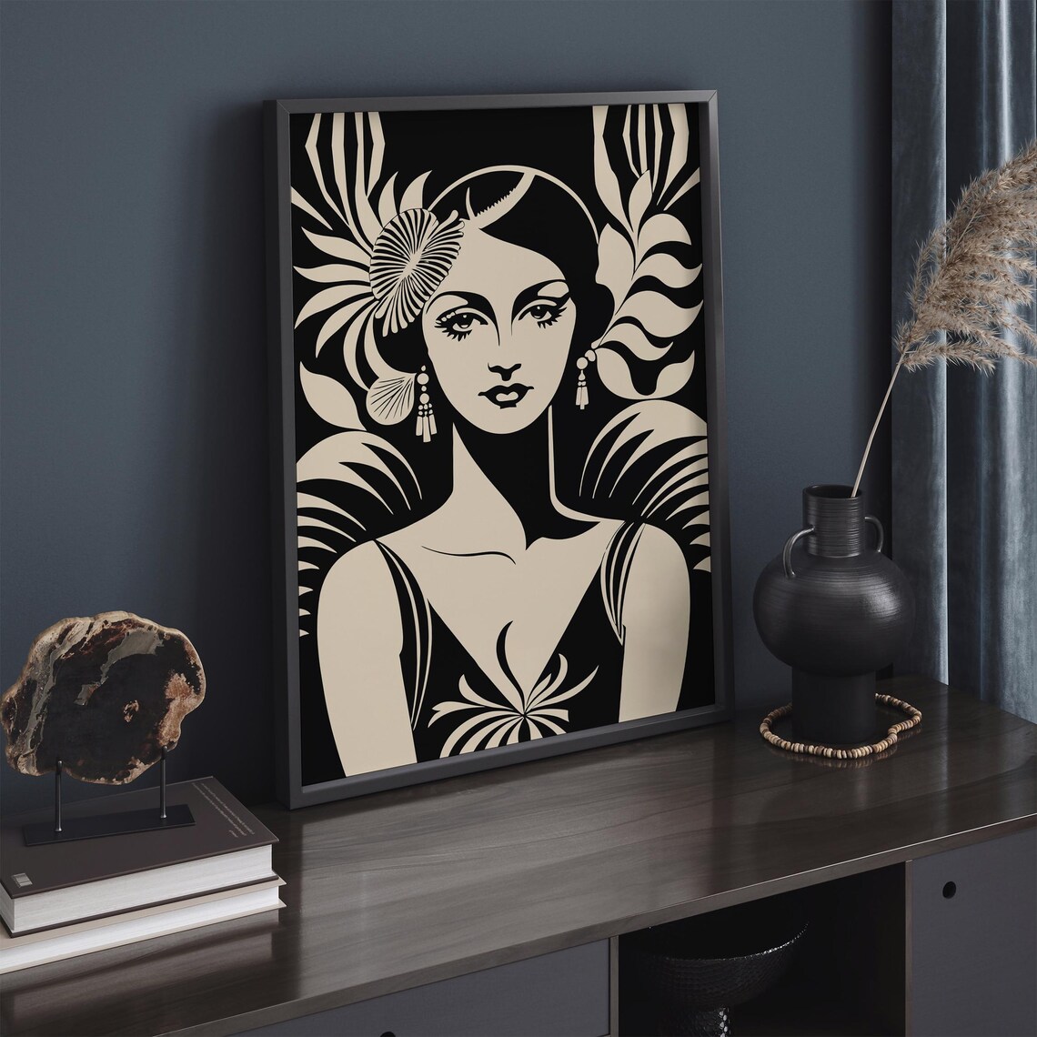 Glamorous Art Deco Flapper Woman Portrait Black Beige Poster - Image 3