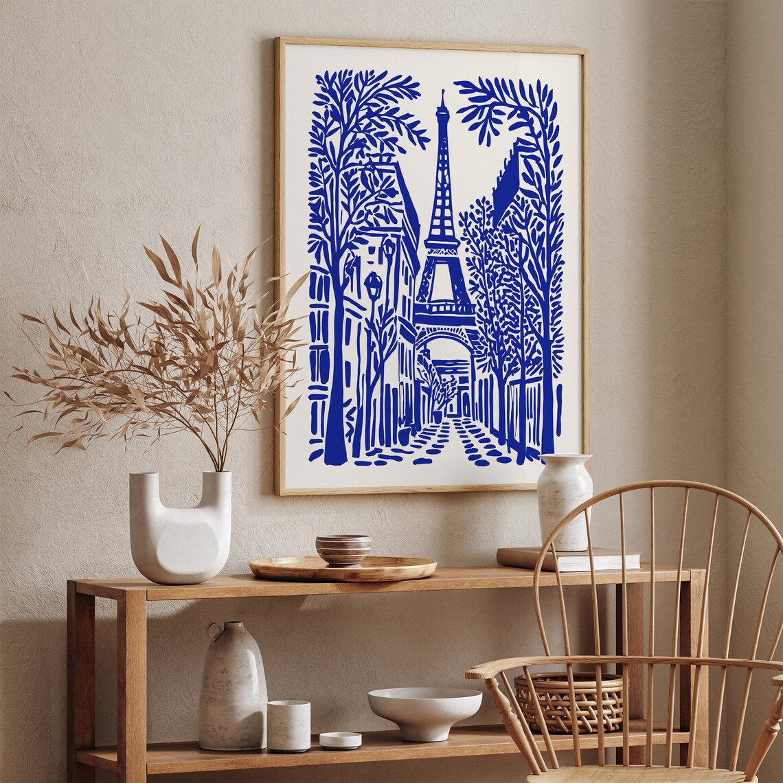 Paris Blue Eiffel Tower Cobblestone Street Linocut Travel Poster - Image 2