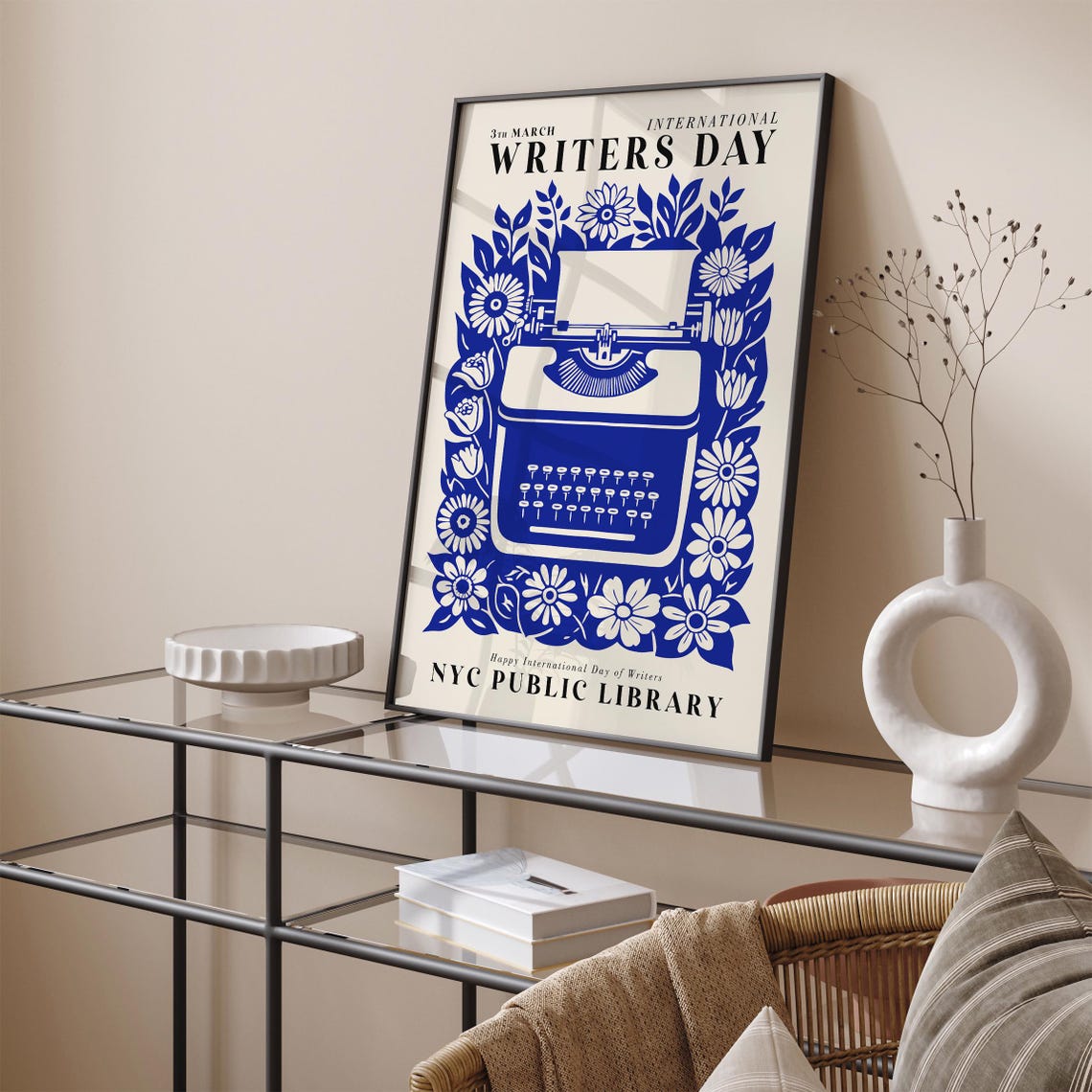 NYC Library Vintage International Writers Day Blue Floral Poster - Image 5