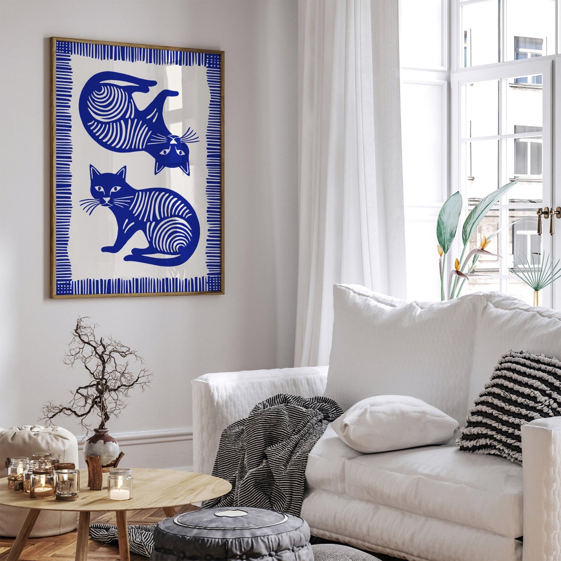 Blue Striped Linocut Cats Playful Modern Feline Wall Decor Poster - Image 6