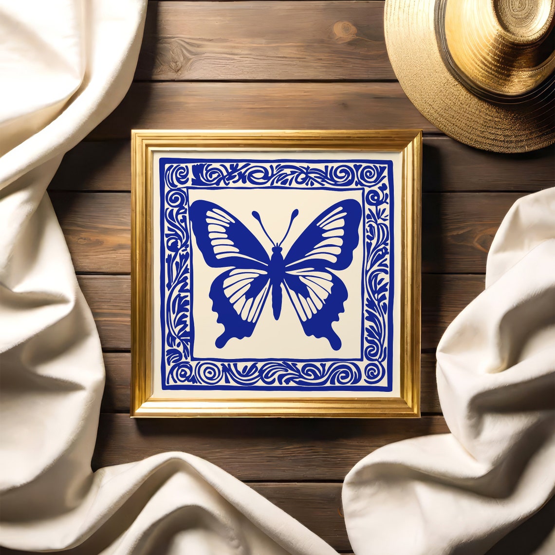 Blue Butterfly Tile Pattern Vintage Nature Scene Deco Poster - Image 3