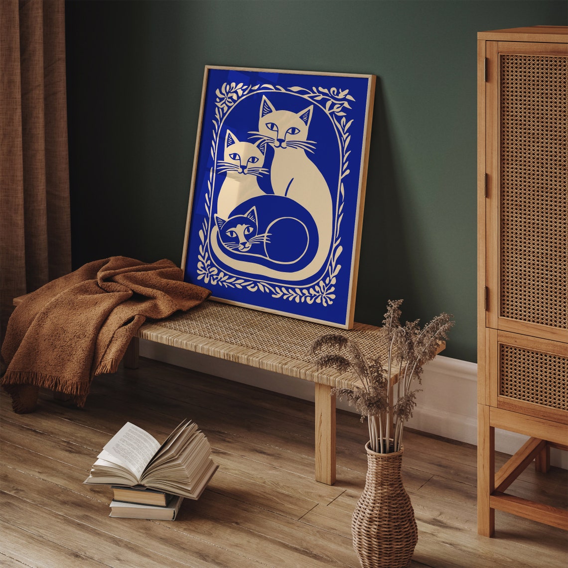 Blue and Cream Cat Trio Floral Frame Whimsical Style Art Poster - Image 6