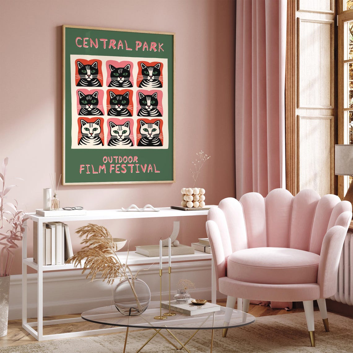 Central Park Outdoor Film Festival Pop Art Cat Faces Grid Poster - Image 3