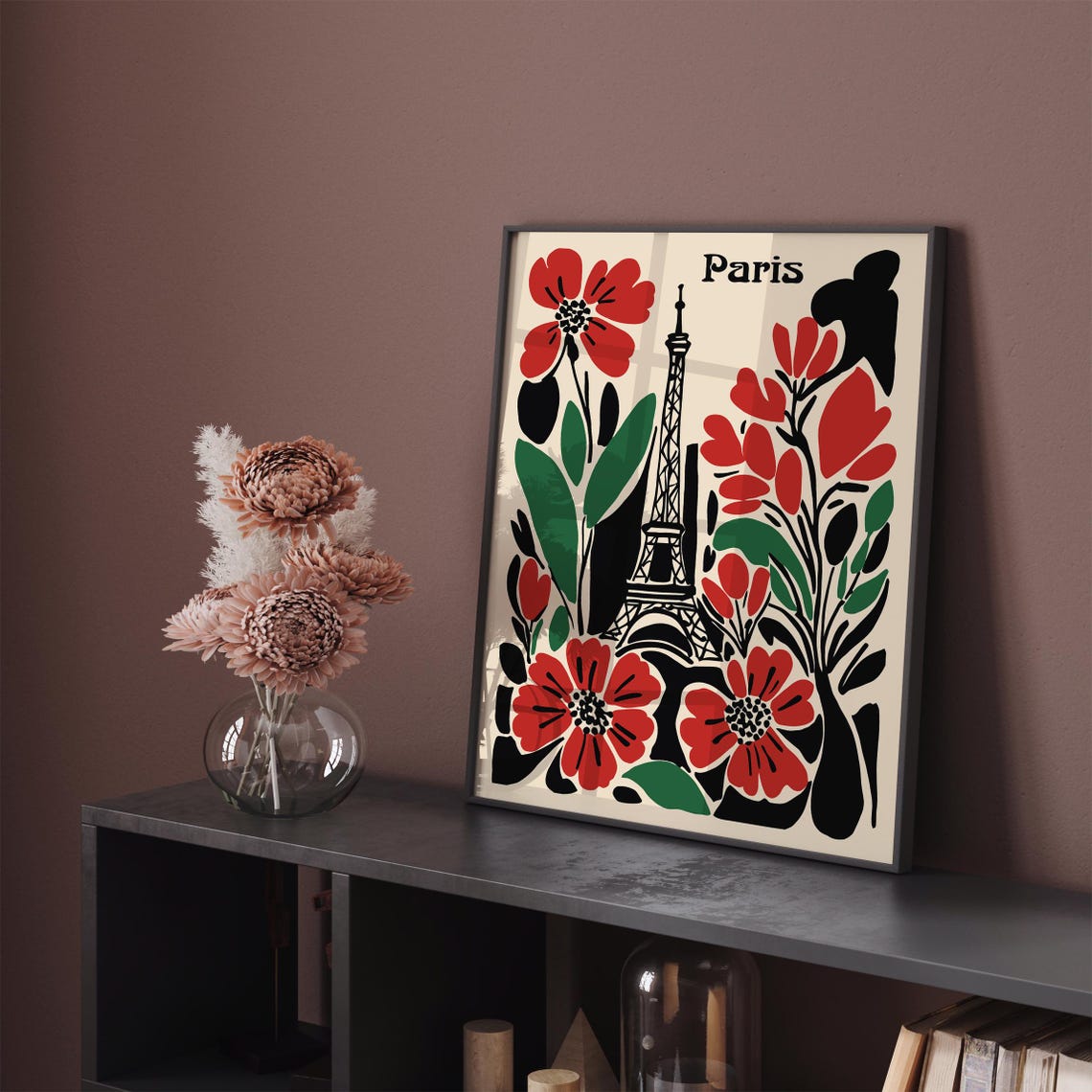 Bold Matisse Style Paris Eiffel Tower Red Floral Flower Art Poster - Image 4