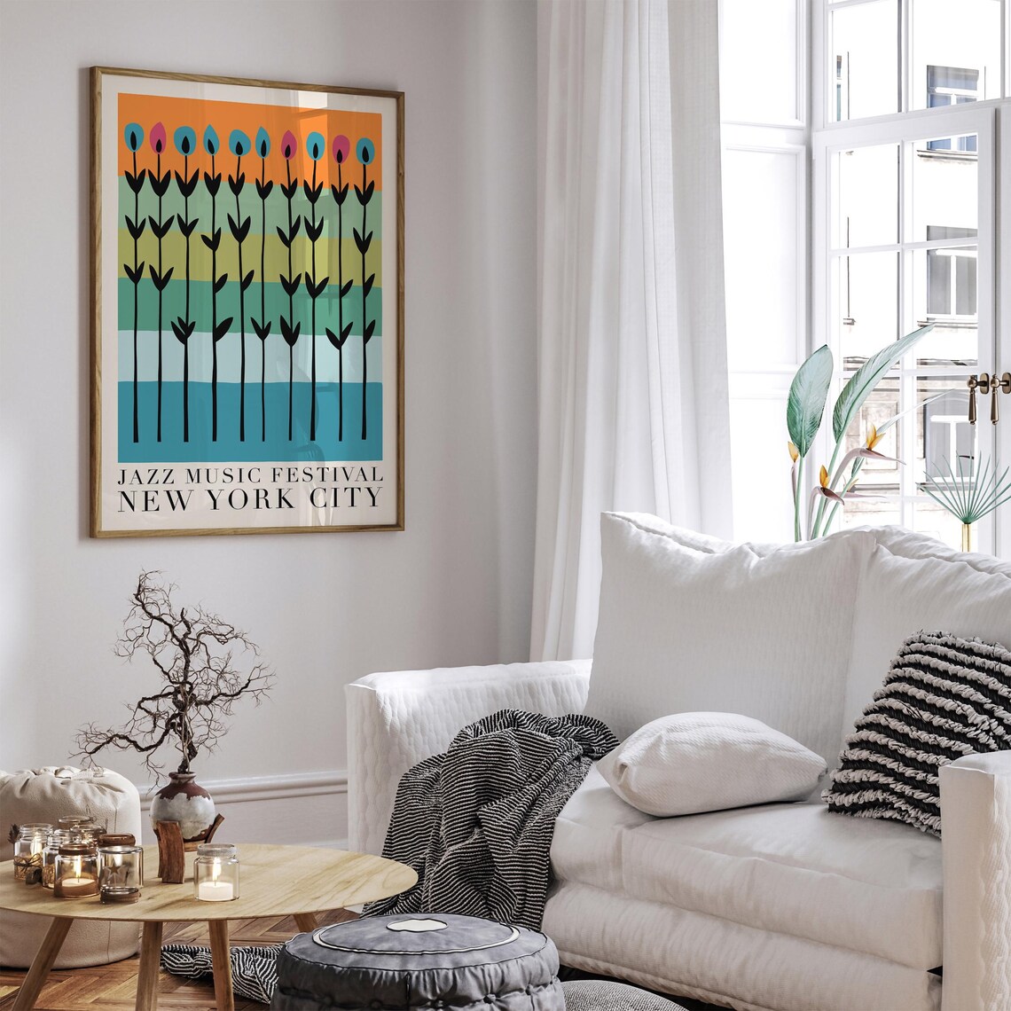 Jazz Music Festival New York City Tall Flowers Striped Poster - Image 5