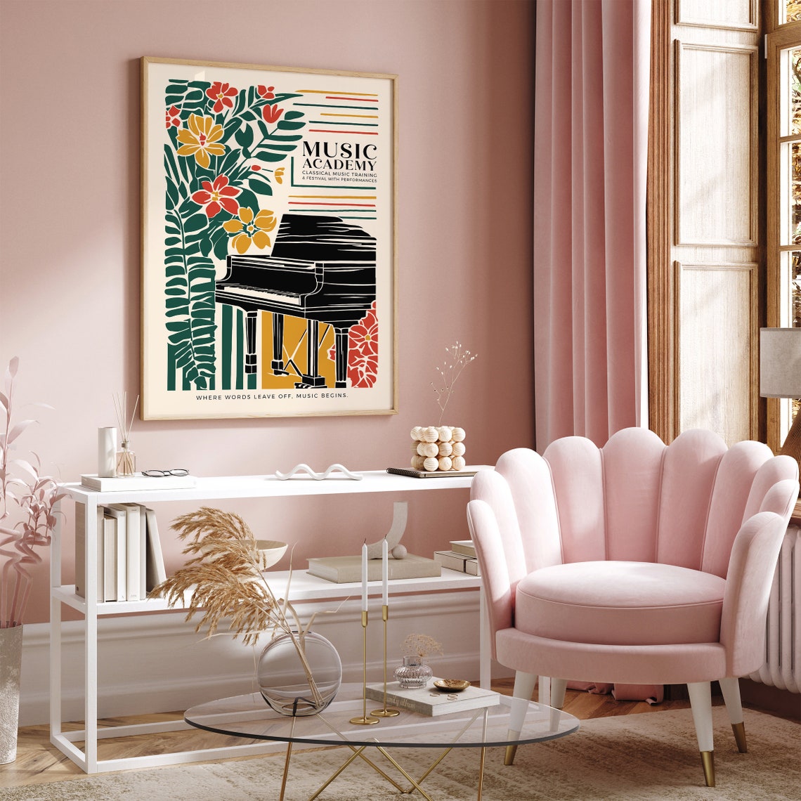 Music Academy Classical Piano Poster with Floral Art Deco Design - Image 2