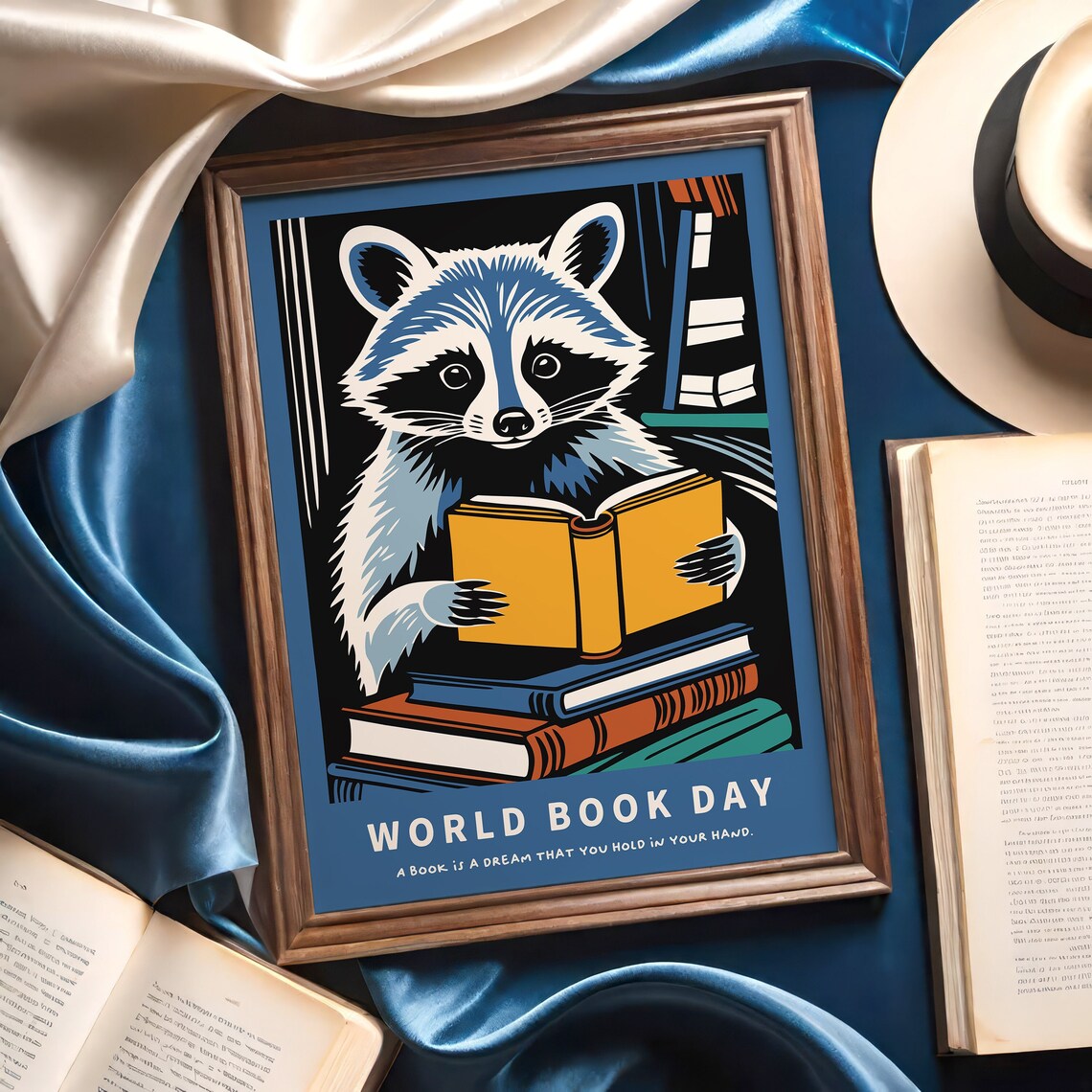 World Book Day Raccoon Reading Books Literary Quote Art Poster