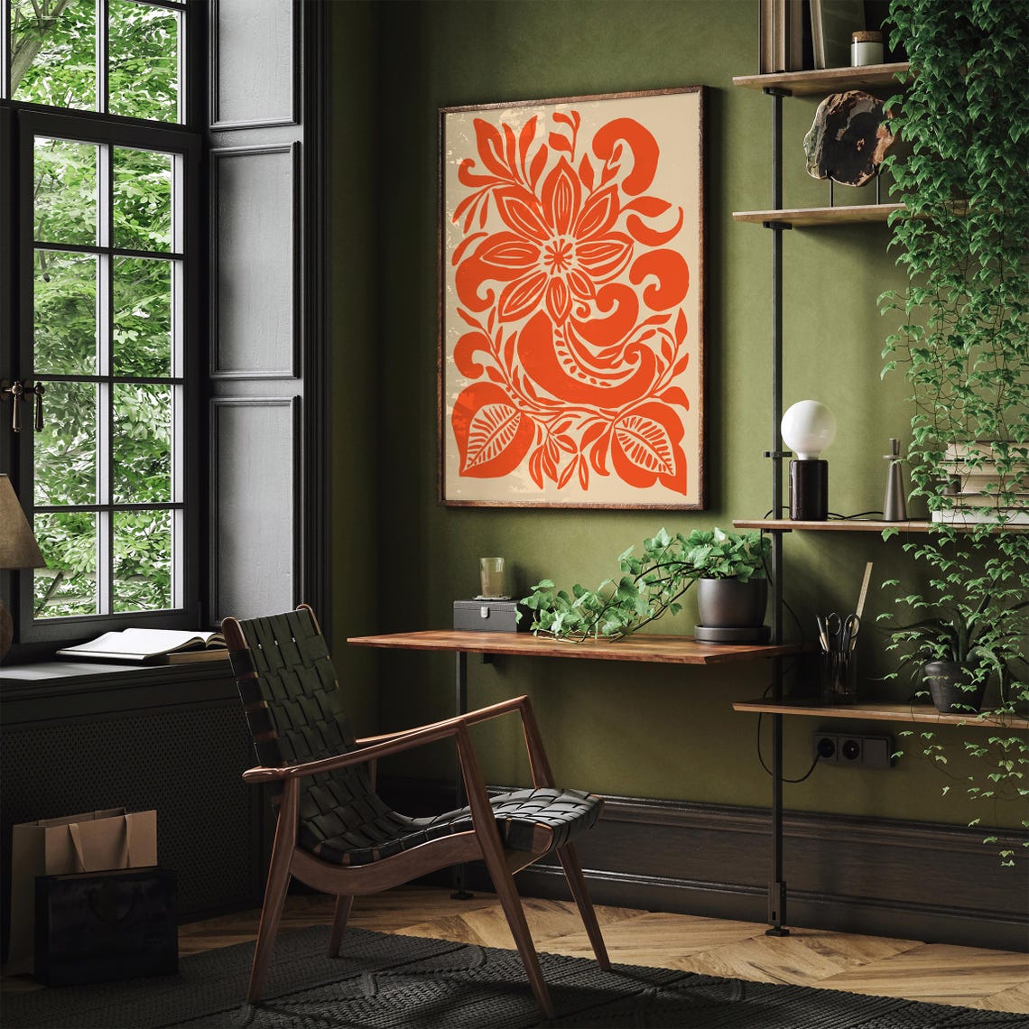 Bold Orange Folk Floral Pattern Modern Boho Style Wall Poster - Image 4