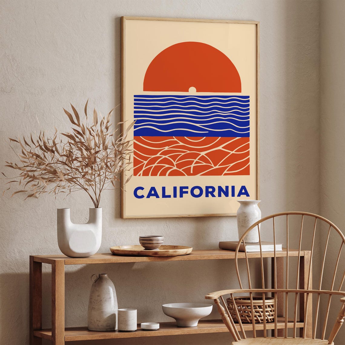 California Sunset Ocean Waves Geometric Coastal Retro Poster - Image 2