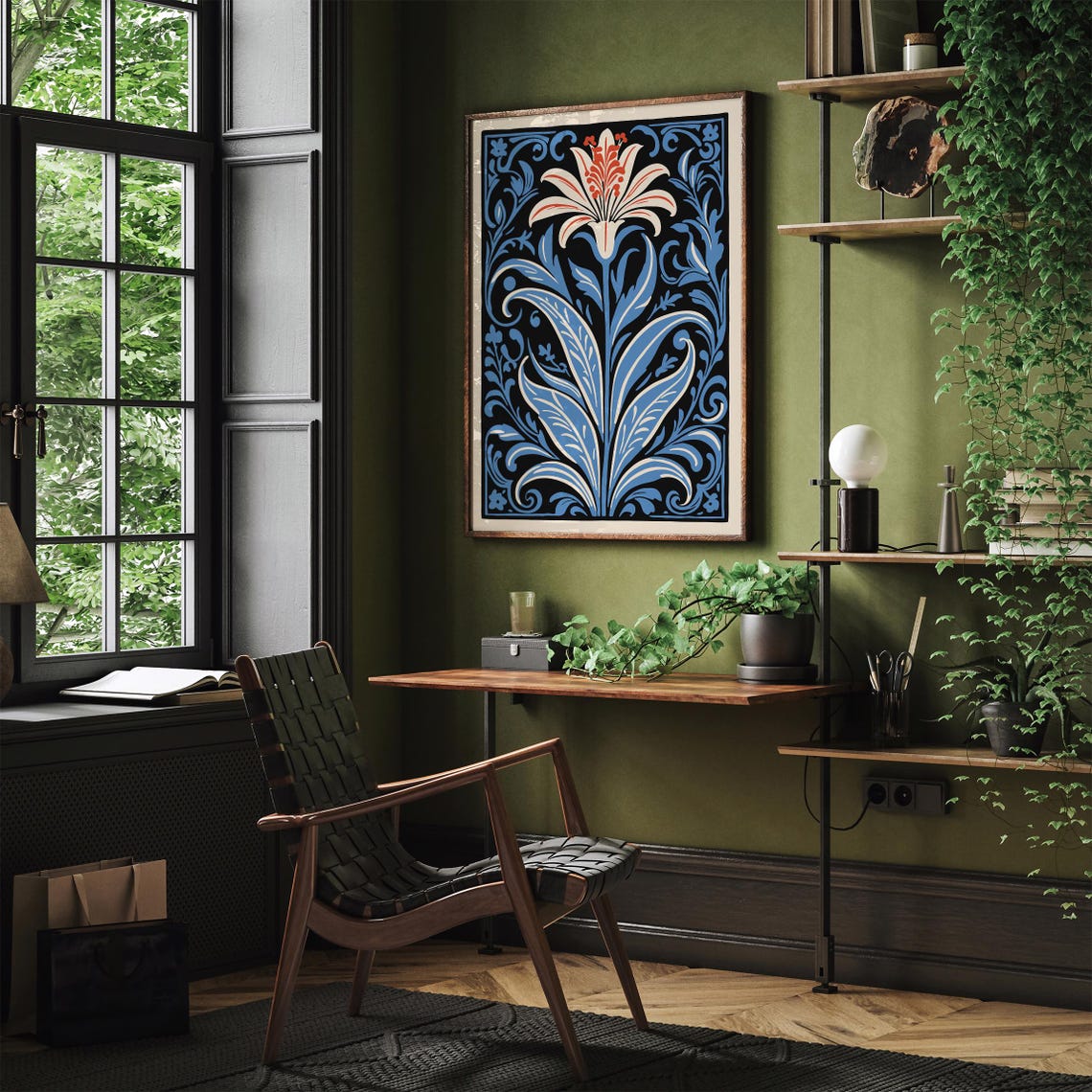 Blue Victorian Lily Black Art Nouveau Dramatic Botanical Art Poster - Image 3