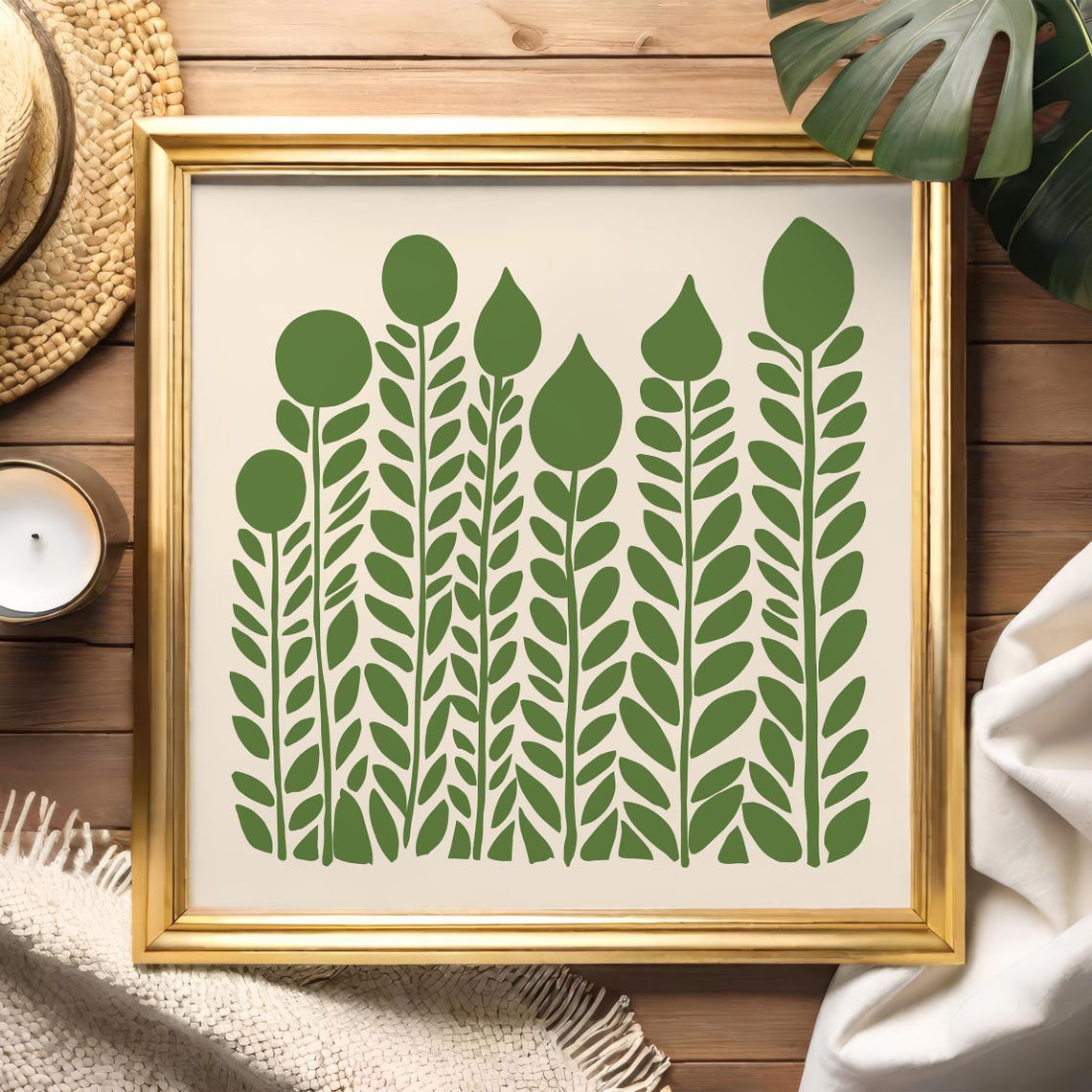 Minimalist Green Plant Stems Scandinavian Square Botanical Poster - Image 4