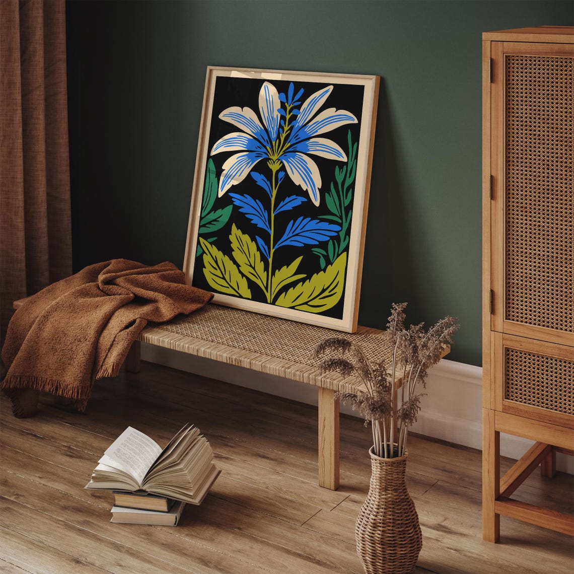 Blue and White Lily Folk Art Flower on Black Background Poster - Image 4
