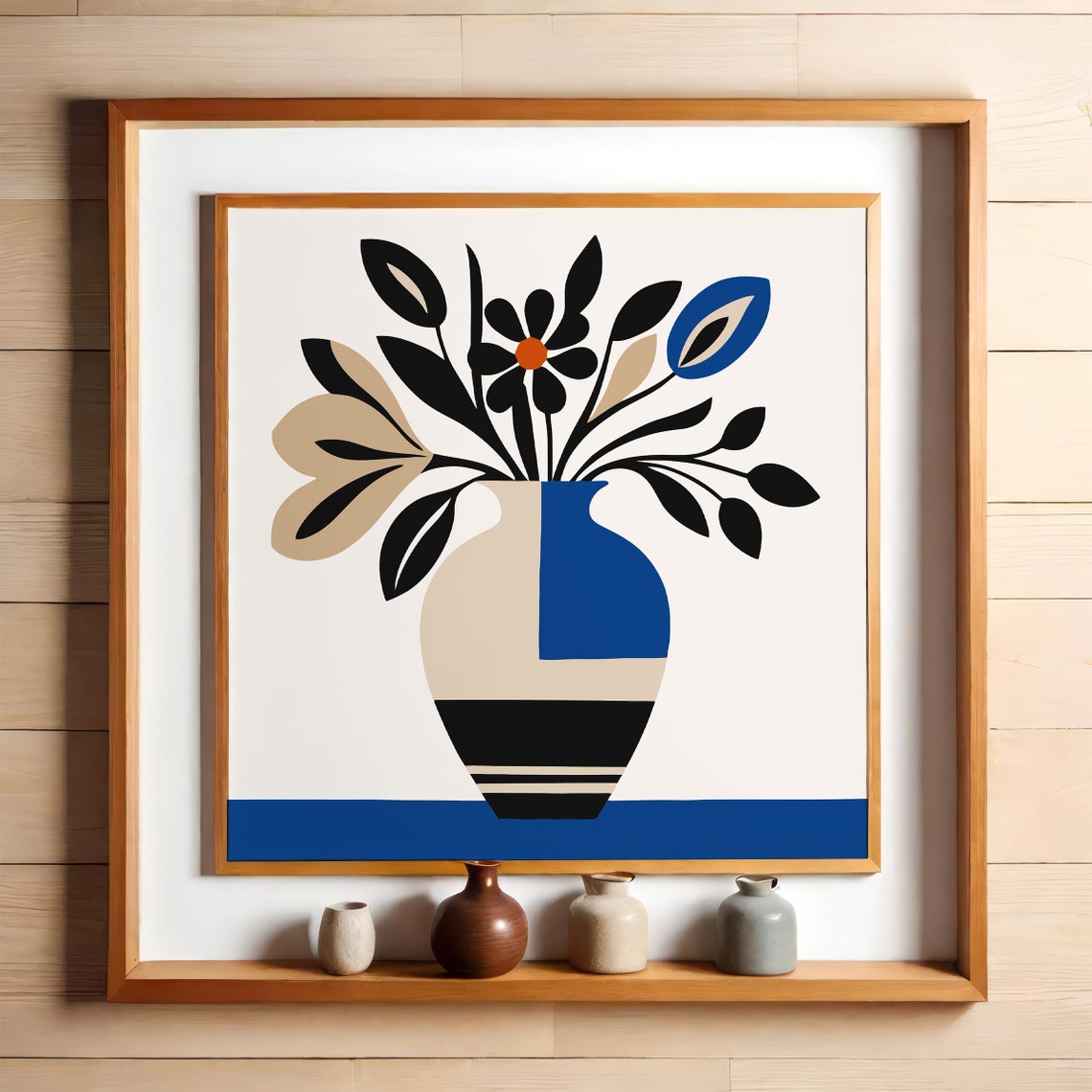 Blue Beige Geometric Vase Floral Minimalist Square Art Print - Image 4