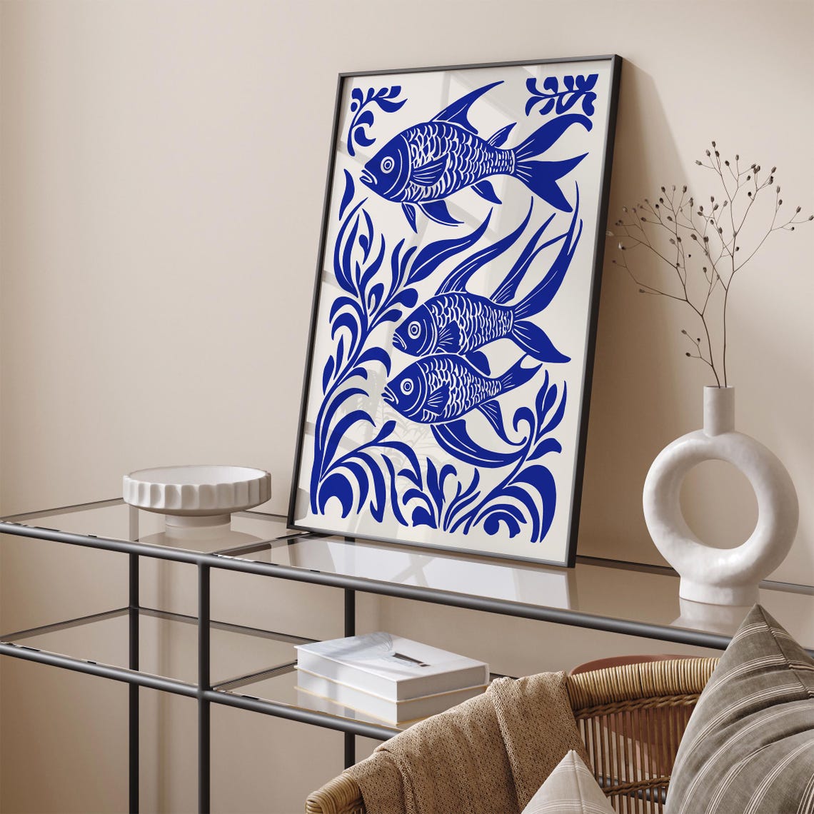 Blue Folk Fish Three Fishes Swimming Among Seaweed Art Poster - Image 2