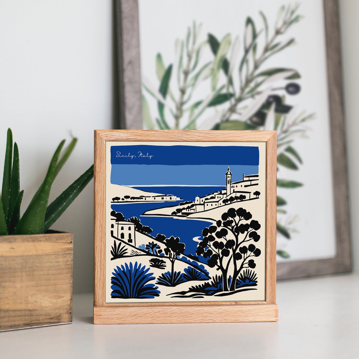 Lovely Sicily Italy Coastal Village Indigo Ink Illustration Poster - Image 4