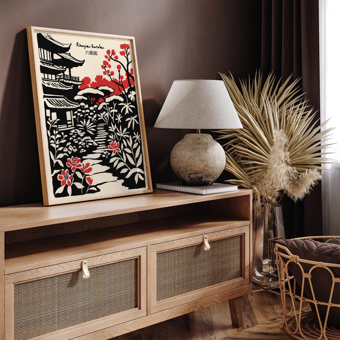 Rikugien Garden Black Ink Art Print Japanese Garden Illustration Traditional Asian Landscape Poster Zen Nature Wall Art Japandi Art Home - Image 2