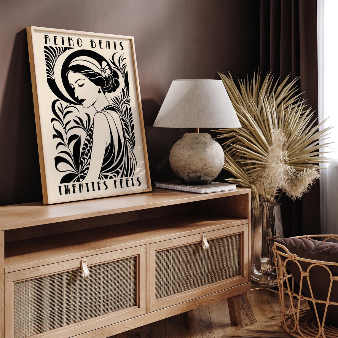 Retro Beats Twenties Flapper Woman Crescent Moon Beige Poster - Image 2