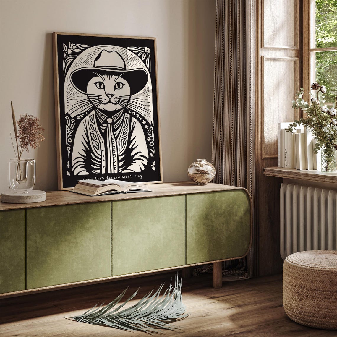 Cowboy Cat Linocut Poster Where Boots Tap and Hearts Sing Along - Image 2