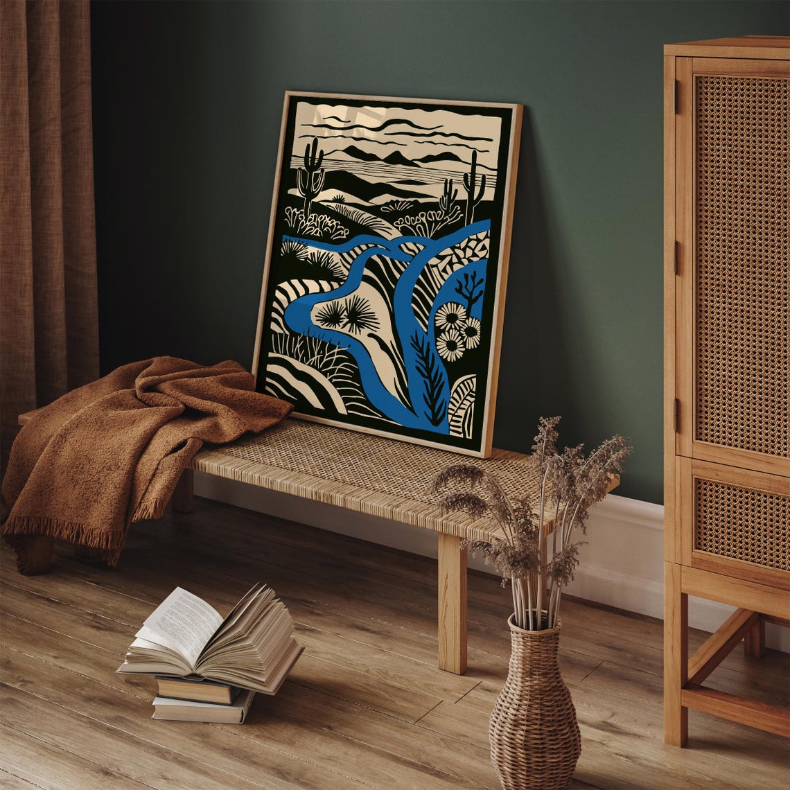 Linocut Blue River Saguaro Cactus Bold Desert Landscape Poster - Image 4