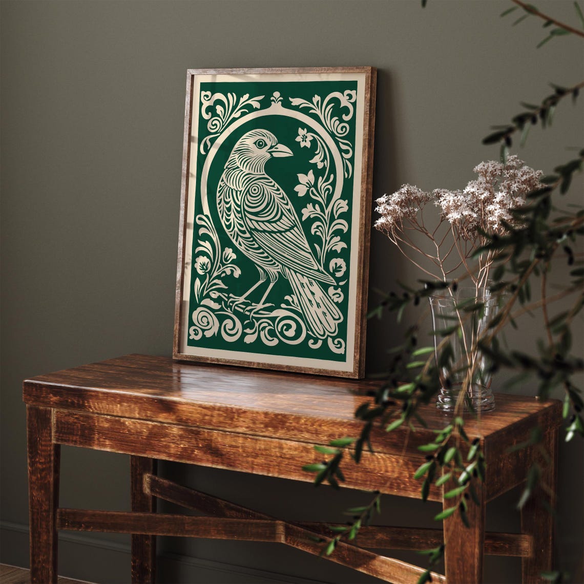 Cream Songbird on Deep Emerald Rococo Baroque Ornate Bird Poster - Image 3