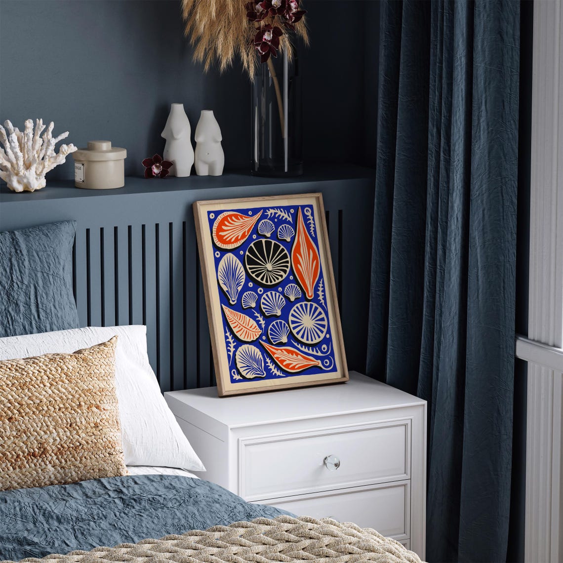 Colorful Seashell Pattern Poster in Cobalt Blue and Coral Tones - Image 2