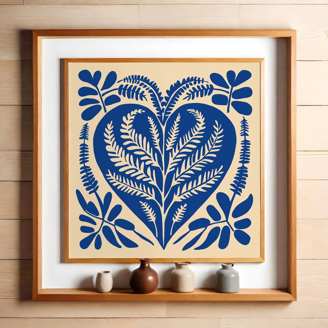 Cobalt Blue Botanical Heart Folk Art Boho Square Floral Wall Art - Image 3