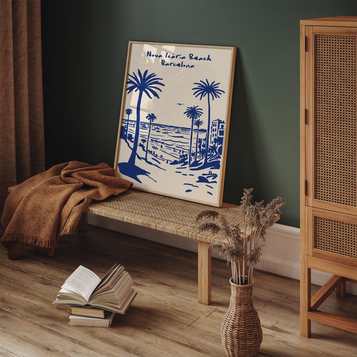 Nova Icaria Beach Barcelona Blue Palm Trees Coastal Scene Poster - Image 2