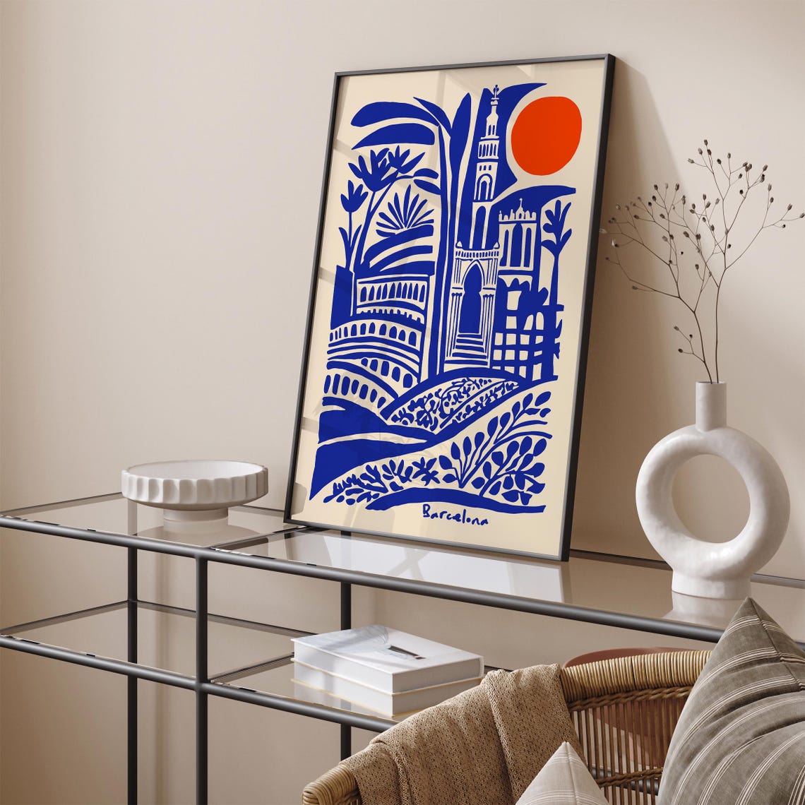 Barcelona Blue Indigo Architecture Red Sun Abstract Art Poster - Image 6