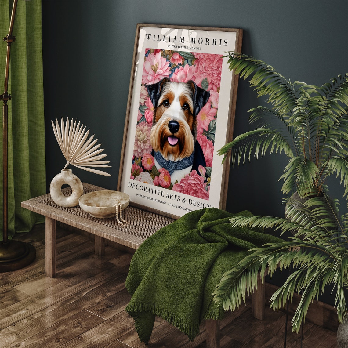 William Morris Happy Scruffy Dog Pink Peony Floral Art Poster - Image 3