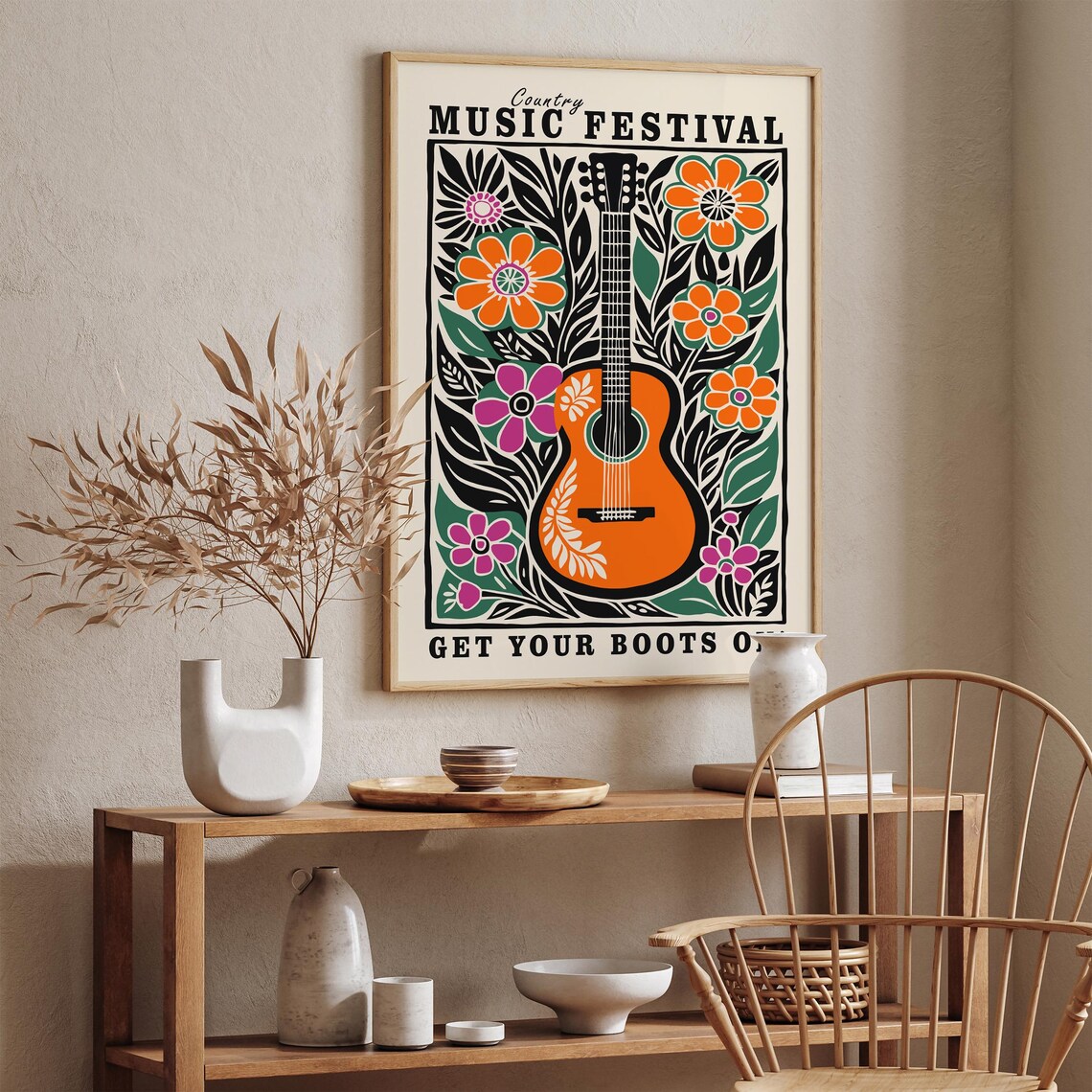Country Music Festival Guitar Get Your Boots On Floral Poster - Image 3