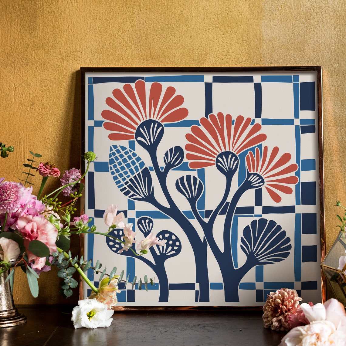 Blue Red Floral Botanical Grid Folk Cutout Style Modern Art Print - Image 3