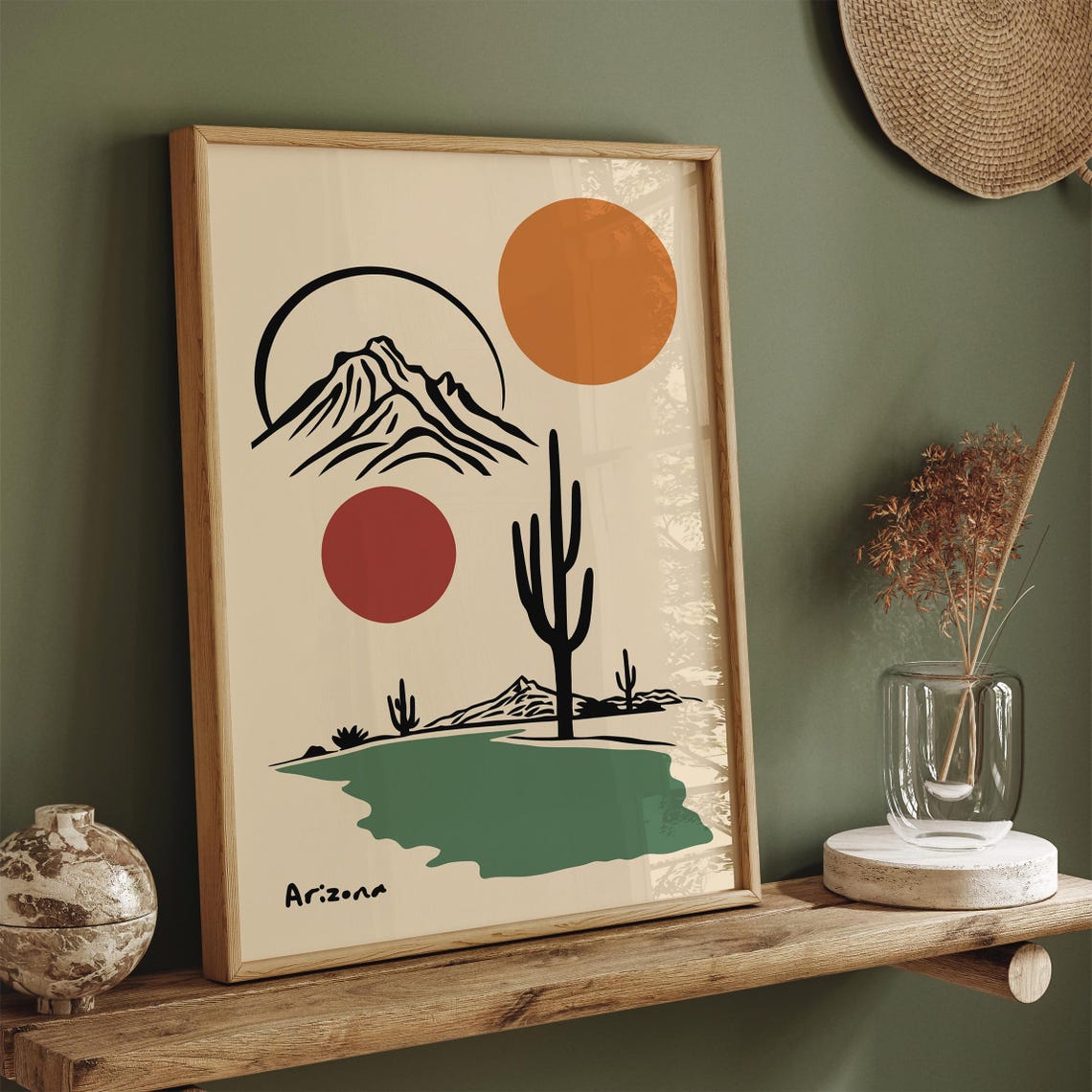 Arizona Minimalist Desert Saguaro Mountain Sun Line Art Poster