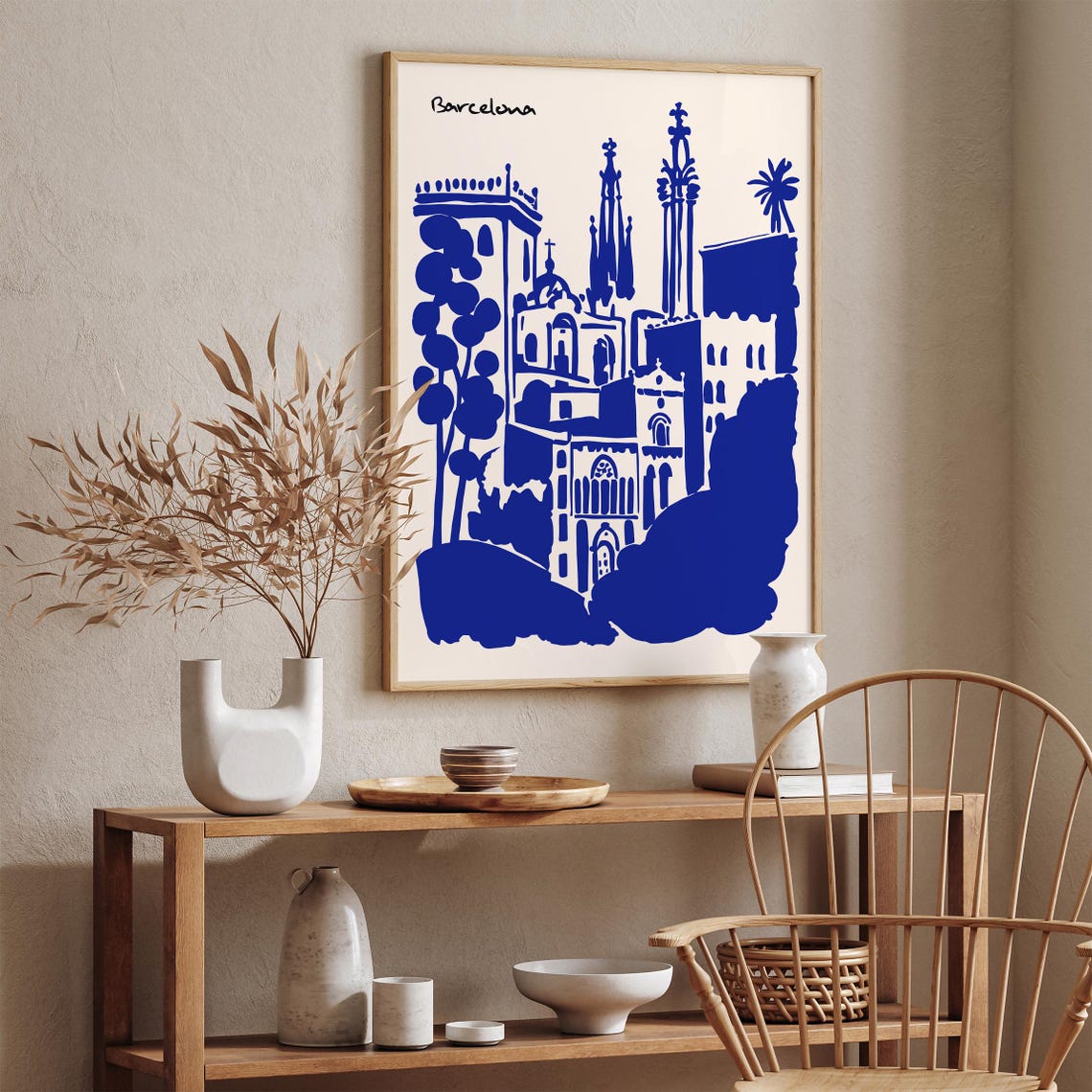 Barcelona Blue Ink Skyline With Cathedral Spires Travel Poster - Image 2