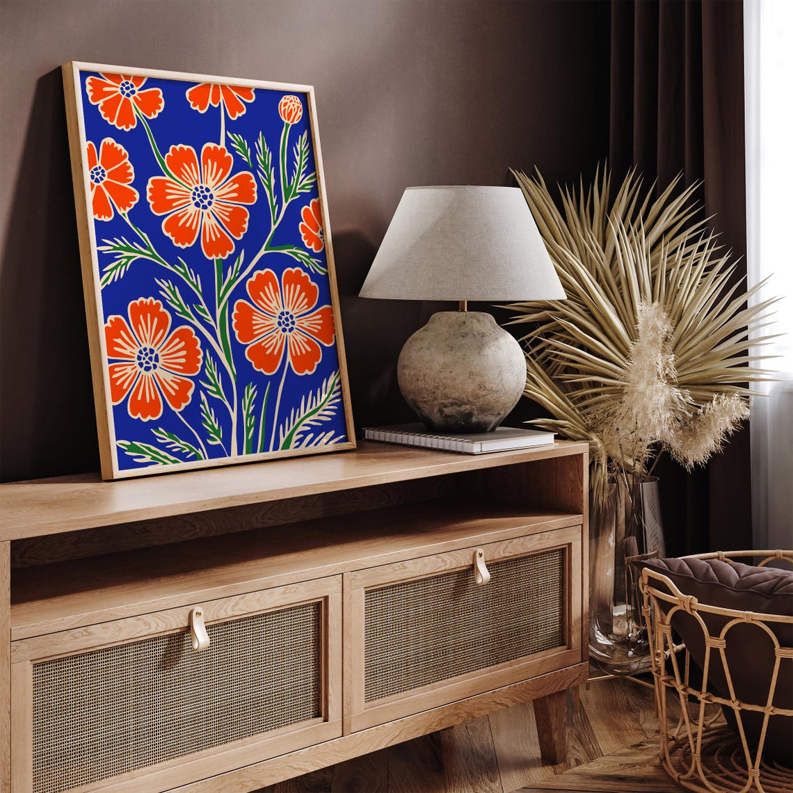 Beautiful Red Orange Flowers on Cobalt Blue Botanical Poster - Image 2