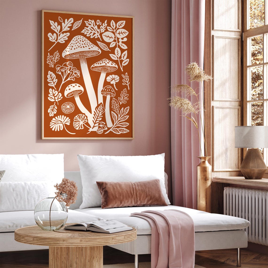 Burnt Orange Mushroom Botanical Forest Floor Linocut Style Poster - Image 2