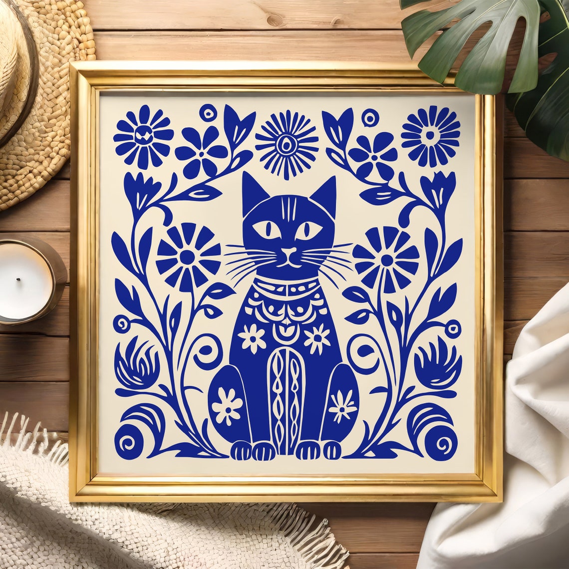 Whimsical Blue Folk Art Cat With Flowers Charming Decor Poster