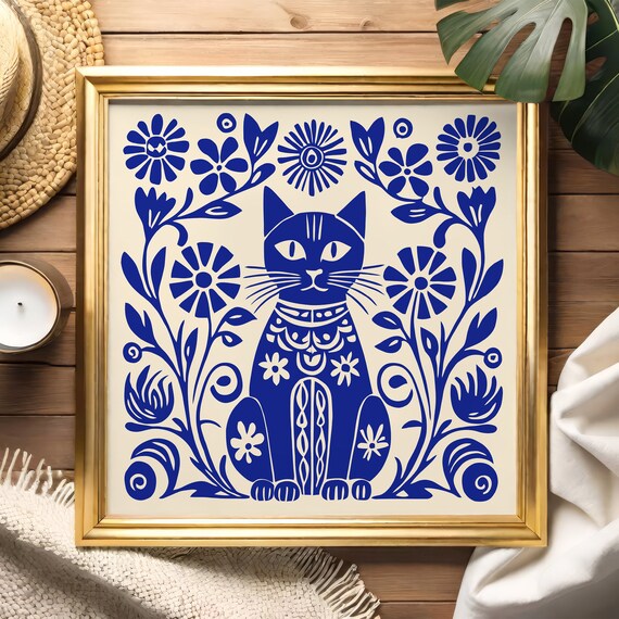 Whimsical Blue Folk Art Cat With Flowers Charming Decor Poster