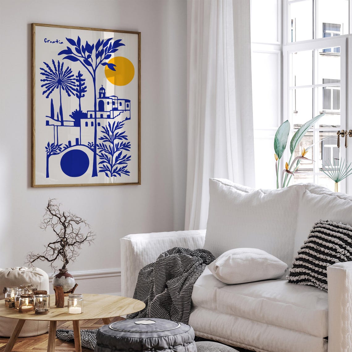 Croatia Coastal Village Blue Yellow Modern Mediterranean Poster - Image 6