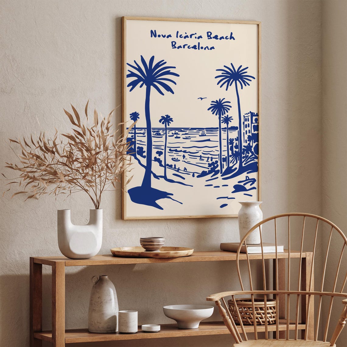 Nova Icaria Beach Barcelona Blue Palm Trees Coastal Scene Poster - Image 3