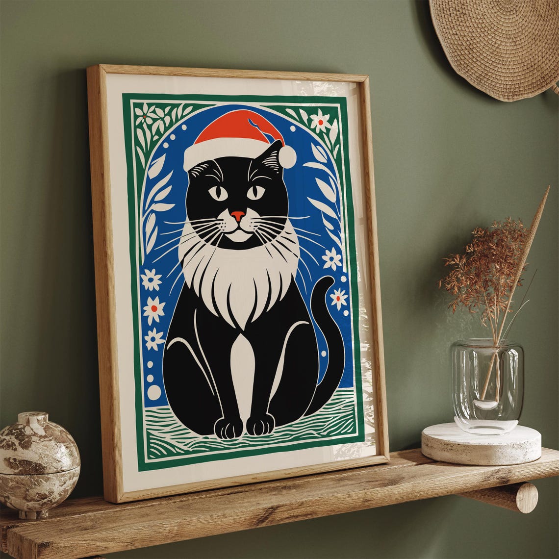 Black Tuxedo Cat in Santa Hat Holiday Portrait Winter Season Poster - Image 3