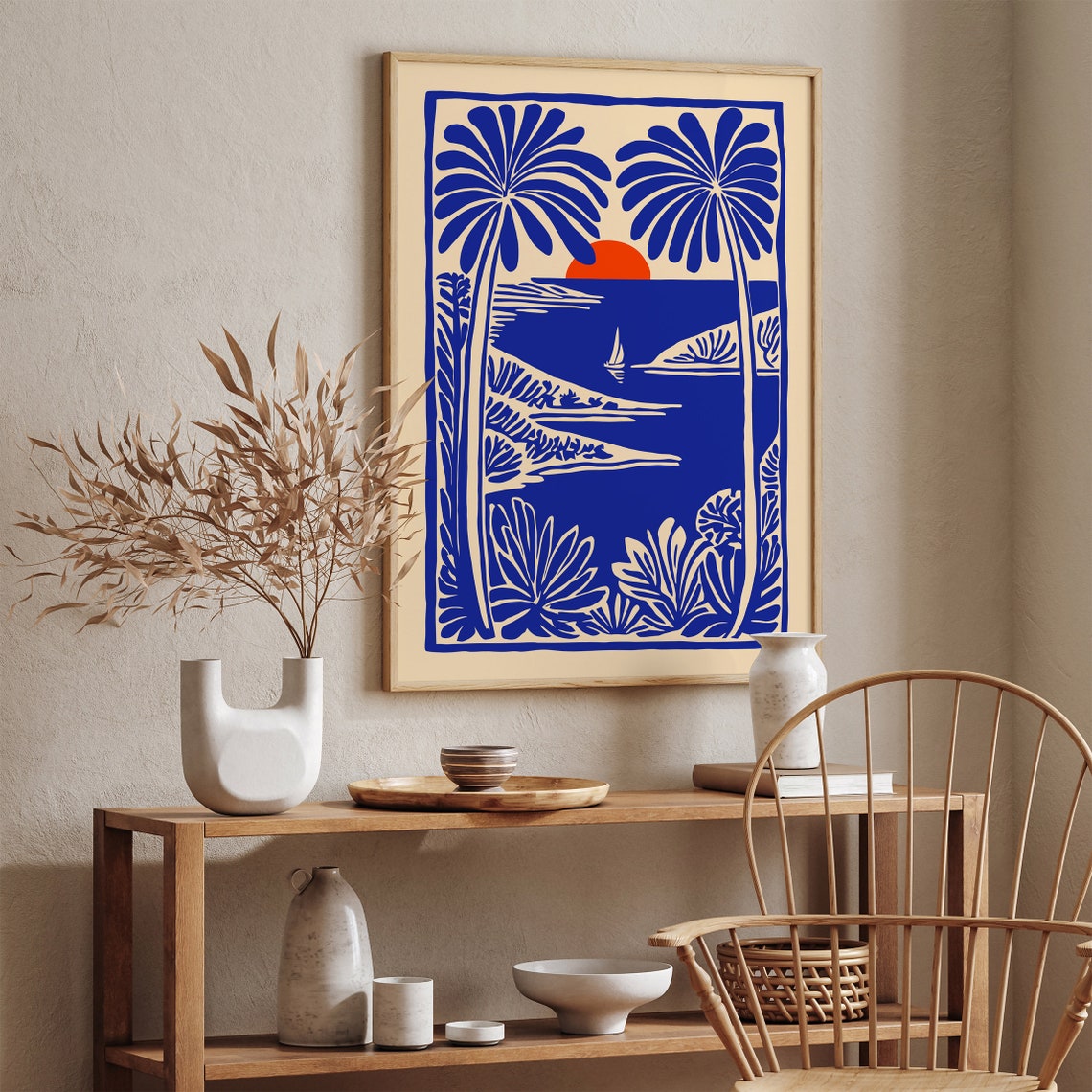 Tropical Sunset Sailboat Blue Linocut Style Coastal Scene Poster - Image 6