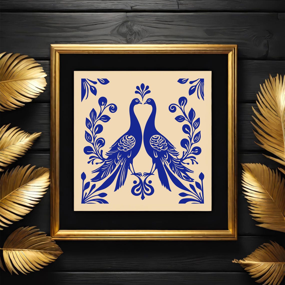 Art Nouveau Blue Peacocks Symmetrical Square Decorative Poster - Image 2