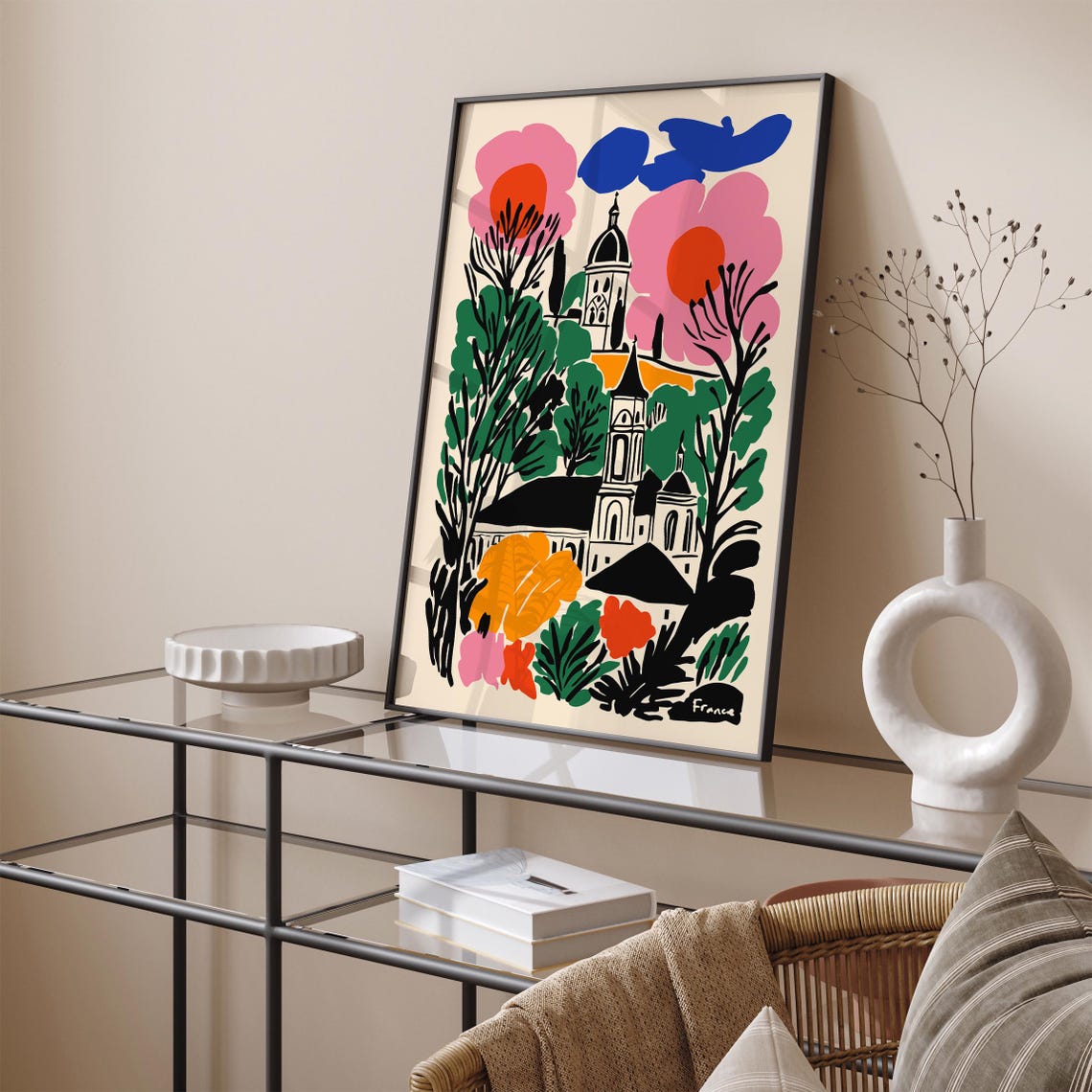 Colorful France Village Poster With Church and Pink Summer Clouds - Image 4