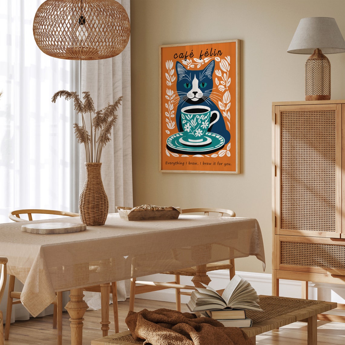 Café Félin Navy Cat With Floral Coffee Cup Vintage Wall Poster - Image 3