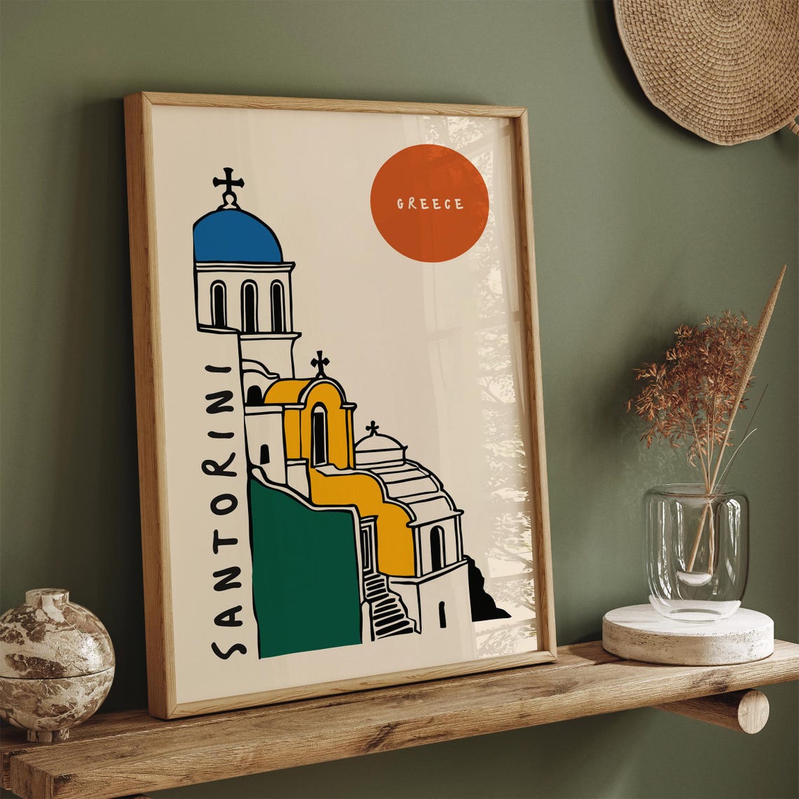 Santorini Greece Colorful Churches Blue Dome Travel Art Poster