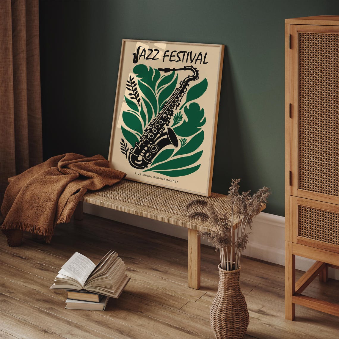 Jazz Festival Saxophone Green Leaves Live Music Vintage Poster - Image 4