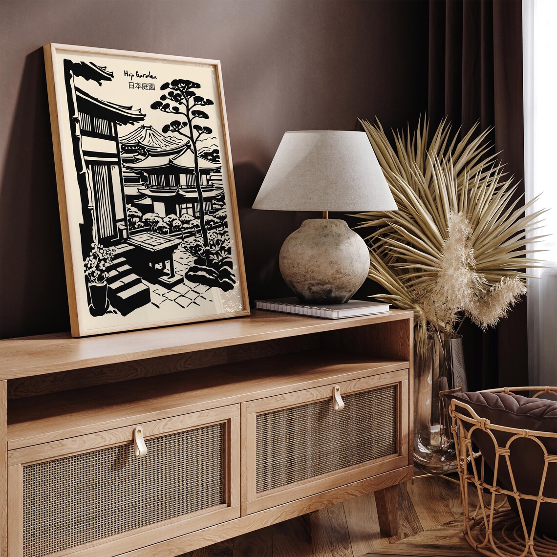 Serene Hojo Garden Black Ink Japanese Temple Courtyard Poster - Image 3